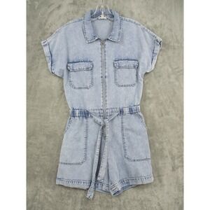 ELAN Romper Womens Medium Denim Shortalls Romper Light Wash Denim Belted Utility
